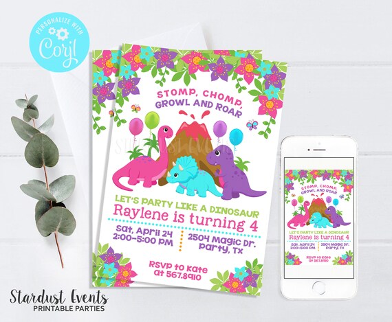 Dinosaur Girl Invitation, Dinosaur Invitation, Editable Dinosaur Girl Invitation, Pink Purple Dino Invite, Dinosaur Editable Template