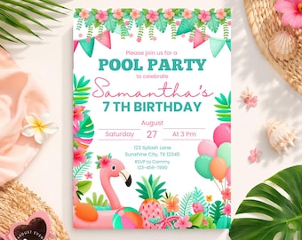 Mall för födelsedagsinbjudan till poolparty, inbjudan till flamingopoolparty, tropisk sommarfödelsedag, redigerbar canvasinbjudan till flicka