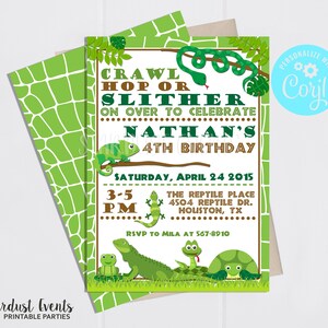 May include: A reptile-themed birthday party invitation with the text "Crawl, Hop or Slither" and "Nathan's 4th Birthday." The invitation features illustrations of a chameleon, snake, and other reptiles. The invitation is green and brown.