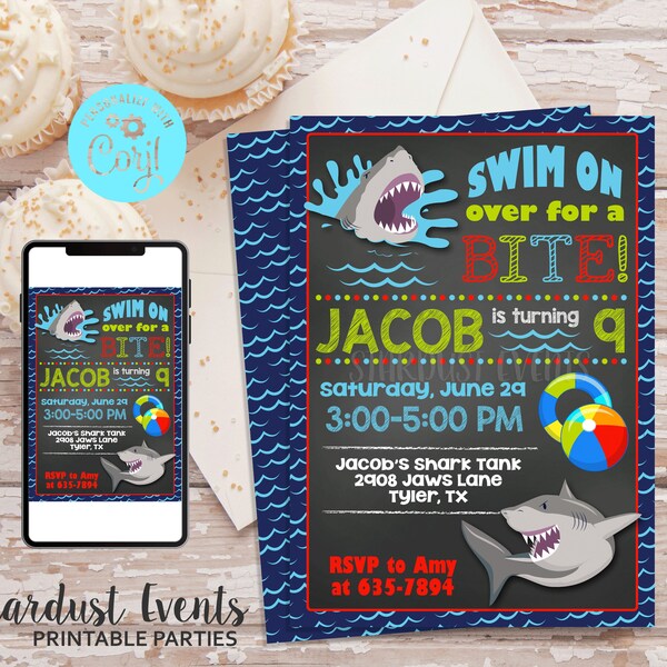 Editable Shark Birthday Invitation, Shark Pool Party Invitation, Shark birthday, Shark Party, Printable Invitation, Chalkboard Invitation