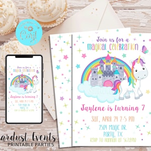 Editable Unicorn Birthday Invitation, Editable Unicorn Invitation, Castle and Unicorn Invitation, Rainbow Invitation, Unicorn Invite