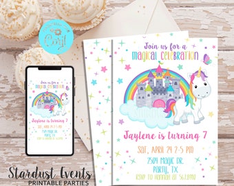 Editable Unicorn Birthday Invitation, Editable Unicorn Invitation, Castle and Unicorn Invitation, Rainbow Invitation, Unicorn Invite