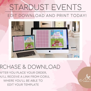 May include: A digital design for a picnic-themed invitation, displayed on a laptop and desktop computer. The design features a pink gingham pattern and the text "Emma's". The words "Stardust Events" and "Edit Download and Print Today!" are also visible.