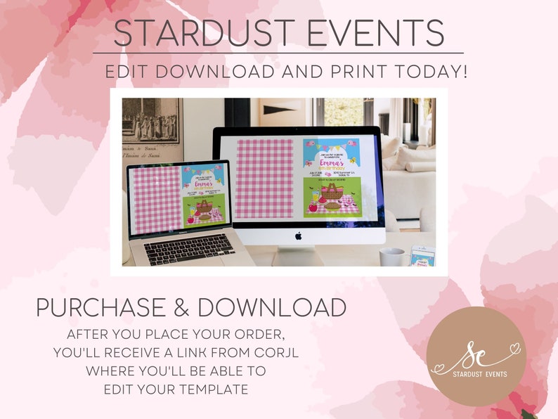 May include: A digital design for a picnic-themed invitation, displayed on a laptop and desktop computer. The design features a pink gingham pattern and the text "Emma's". The words "Stardust Events" and "Edit Download and Print Today!" are also visible.