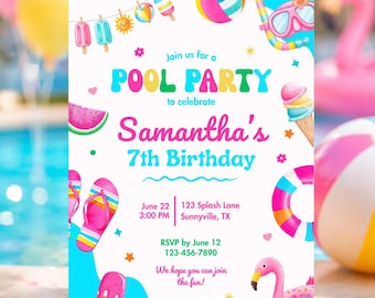 Mall för födelsedagsinbjudan till poolparty, sommarpoolinbjudan, flamingofastinbjudan, redigerbar canvasinbjudan, barnfödelsedagsinbjudan