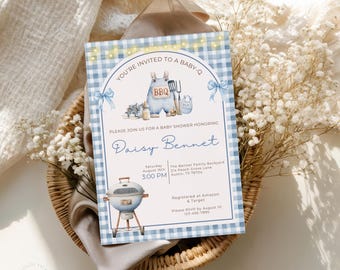Mall för Baby-Q-inbjudan till babyshower, inbjudan till grillfest, babyshower till grillfest i trädgården, inbjudan till sommarbabyshower till pojke