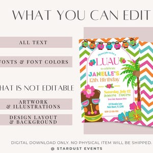 Luau Birthday Invitation, Luau Party Invitation, Luau Invitation, Hawaiian Birthday Invitation, Hawaiian Invitation,Editable Luau Invitation image 5