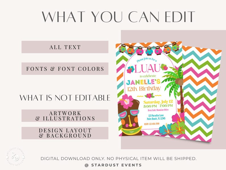 Luau Birthday Invitation, Luau Party Invitation, Luau Invitation, Hawaiian Birthday Invitation, Hawaiian Invitation,Editable Luau Invitation image 5
