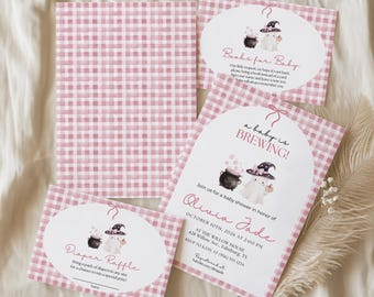 Babyshower uitnodigingenpakket met het thema "Een baby op komst", roze Halloween babyshower, babyshower voor een meisje met het thema "Little Boo", bewerkbare Canva-sjabloon