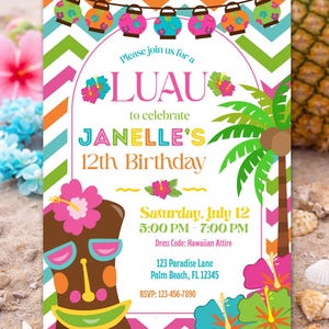 Luau Birthday Invitation, Luau Party Invitation, Luau Invitation, Hawaiian Birthday Invitation, Hawaiian Invitation,Editable Luau Invitation image 2