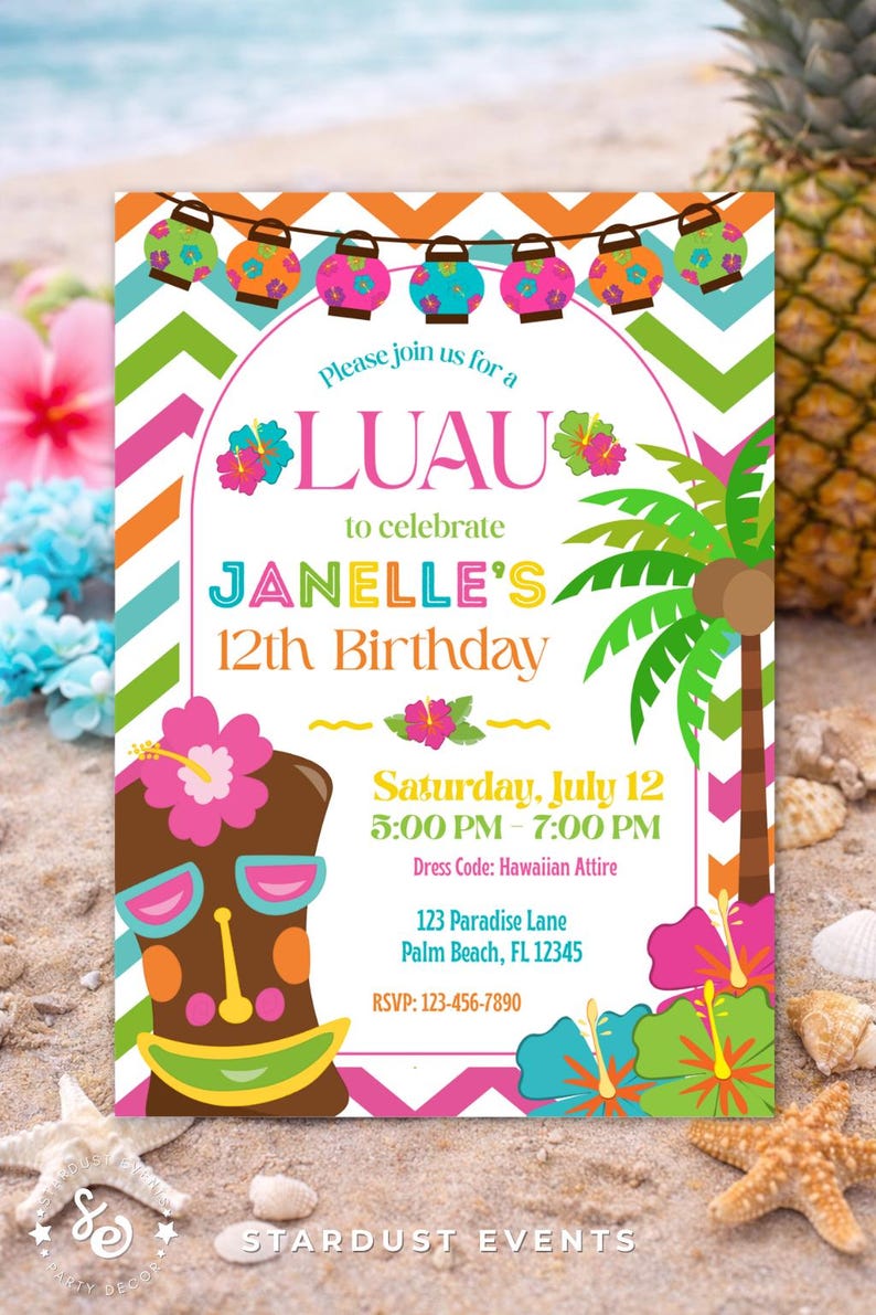 Luau Birthday Invitation, Luau Party Invitation, Luau Invitation, Hawaiian Birthday Invitation, Hawaiian Invitation,Editable Luau Invitation image 2