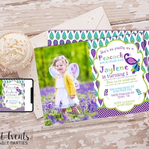 Peacock Birthday Invitation, Editable Peacock Invitation, Peacock Birthday, First Birthday Invitation, Peacock Party, Photo Invitation