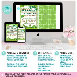 May include: A computer monitor, tablet, and smartphone display a reptile-themed birthday party invitation. The invitation features green and white text with a cartoon alligator and turtle. The text reads "Crawl, Hop or Slither" and "Nathan's 4th Birthday".