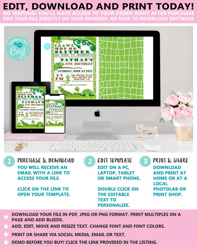 May include: A computer monitor, tablet, and smartphone display a reptile-themed birthday party invitation. The invitation features green and white text with a cartoon alligator and turtle. The text reads "Crawl, Hop or Slither" and "Nathan's 4th Birthday".