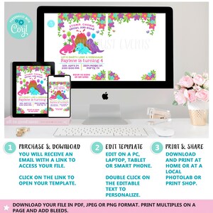 May include: Editable dinosaur birthday party invitation template with pink, blue, and green colors. The invitation features a cartoon dinosaur with the text "Let's party like a dinosaur". The text "Raylene is turning 4" is also included.