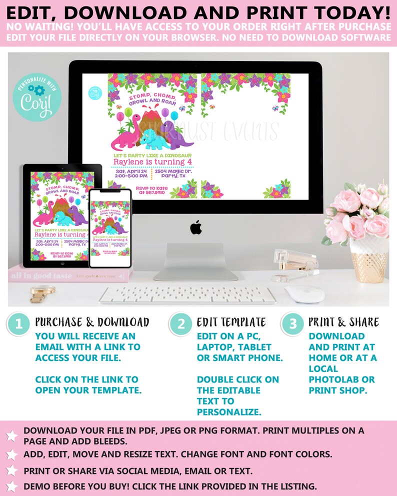 May include: Editable dinosaur birthday party invitation template with pink, blue, and green colors. The invitation features a cartoon dinosaur with the text "Let's party like a dinosaur". The text "Raylene is turning 4" is also included.
