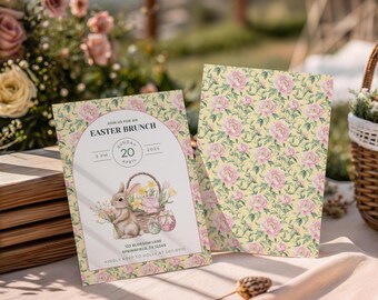 Mall för påskbrunchinbjudan med baksida, redigerbar inbjudan till kaninblommor, inbjudan till vårbrunchfest, påskfest Canva-mall, 5x7
