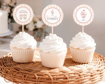 Söta festmuffinsdekorationer, redigerbara 5 cm cirklar, rosa godisbutik födelsedag, glassfestdekorationer, utskrivbara toppers, direktnedladdning
