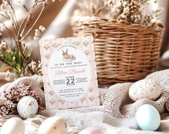 Inbjudan till babyshower med liten kanin, babyshowerinbjudan för flicka, vintage blommig rosa duschinbjudan med kaninmotiv, redigerbar canvasinbjudan med baksida