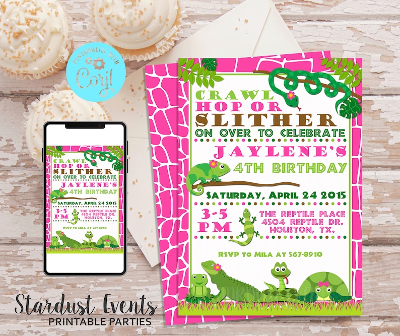 May include: A pink and green reptile-themed birthday party invitation with the text "Crawl, Hop or Slither" and "Jaylene's 4th Birthday." The invitation includes illustrations of reptiles and a smartphone displaying the same design.