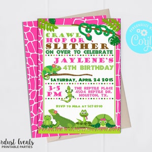 May include: A birthday party invitation with a pink and white giraffe print border. The invitation features a green snake, chameleon, frog, lizard, and turtle. Text includes "Crawl, Hop or Slither" and "Jaylene's 4th Birthday".
