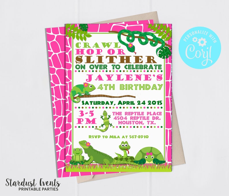 May include: A birthday party invitation with a pink and white giraffe print border. The invitation features a green snake, chameleon, frog, lizard, and turtle. Text includes "Crawl, Hop or Slither" and "Jaylene's 4th Birthday".