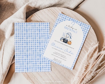 Uitnodiging voor een babyshower, Halloween babyshower uitnodiging voor een jongen, babyshower met blauwe geesten, Little Boo uitnodiging, bewerkbare Canva-sjabloon