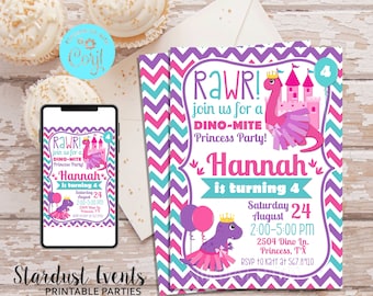 May include: Purple and pink chevron patterned invitation with a cartoon dinosaur wearing a pink tutu and a crown. The text reads "RAWR! Join us for a DINO-MITE Princess Party! Hannah is turning 4. Saturday August 24 2:00-5:00 PM 2504 Dino Ln. Princess, TX RSVP to Katy at 567.8910"