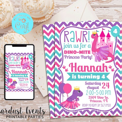 Editable Girl Dinosaur Invitation Dinosaur Princess Birthday Etsy