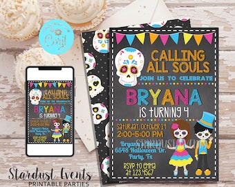 May include: A colorful invitation for a Dia de los Muertos themed birthday party. The invitation features a sugar skull design, the text "Calling All Souls", and the name "Bryana" with party details. A smartphone displays the invitation.