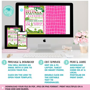 May include: A digital invitation template displayed on a computer, tablet, and phone. The invitation features a green and pink reptile theme with the text "Crawl, Hop or Slither" for a 4th birthday. Instructions for editing and printing are also shown.