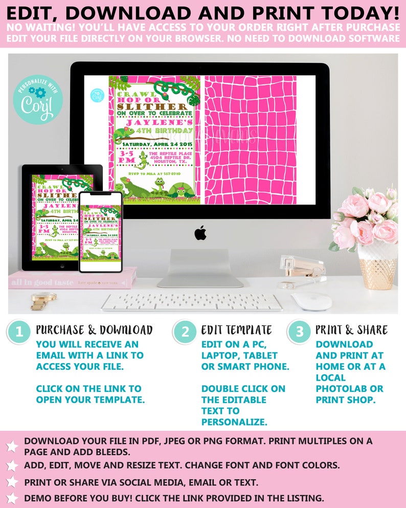 May include: A digital invitation template displayed on a computer, tablet, and phone. The invitation features a green and pink reptile theme with the text "Crawl, Hop or Slither" for a 4th birthday. Instructions for editing and printing are also shown.