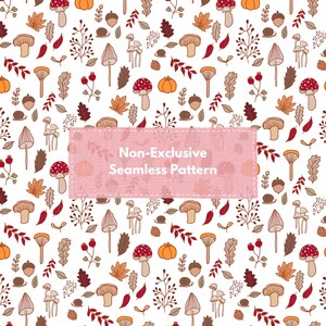 Op de afbeelding: Een naadloos patroon met verschillende herfstmotieven, waaronder paddenstoelen, eikels, bladeren en pompoenen. Het patroon is in een warme kleurenpalet van bruinen, rood en oranje, en is perfect voor gebruik in een verscheidenheid aan creatieve projecten.