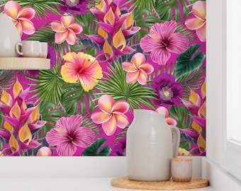 Papier peint floral tropical, fresque murale botanique rose, imprimé feuilles de palmier et hibiscus, adhésif, décoration estivale maximaliste