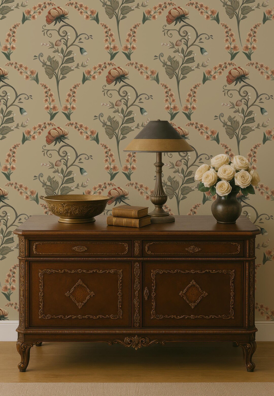Vintage Floral Wallpaper – Beige Botanical Peel and Stick Wall Mural ...