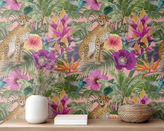 Tropical Jungle Wallpaper Pink | Cheetah & Hummingbird Wall Mural | Maximalist Botanical Decor | Exotic Floral Bedroom Wallpaper