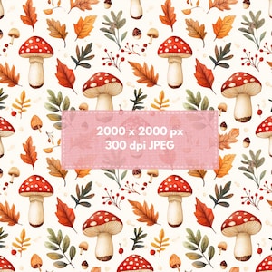 Op de afbeelding: Een naadloos patroon met rode en witte paddenstoelen, bruine bladeren en groen gebladerte. De achtergrond is wit.