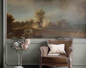 Papel pintado mural de paisajes de Rembrandt | Mural de pared de la Edad de Oro holandesa | Papel pintado de pinturas de maestros antiguos | Decoración oscura y sombría al estilo Academia