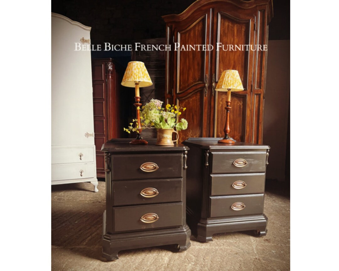 FOR SALE Handsome Pair of Large Parisian Noir Three Drawer Nightstands ...