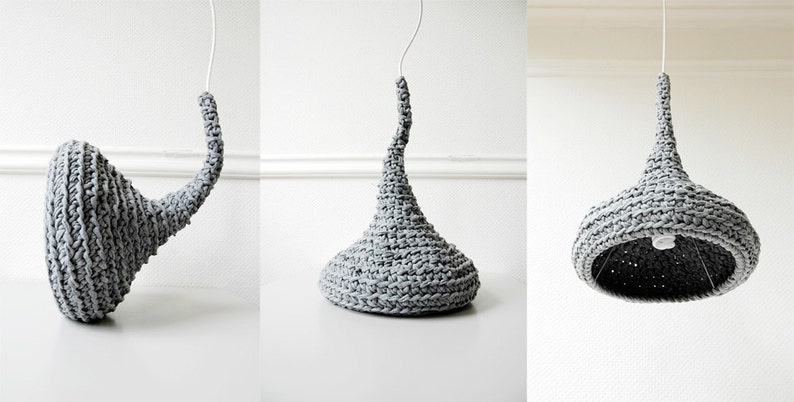 Crochet Pendant Lamp LUUNA / Modern Hanging Light / Unique Eco Lamp from Upcycled Fabric / Green Design / Recycling Art Gray image 3