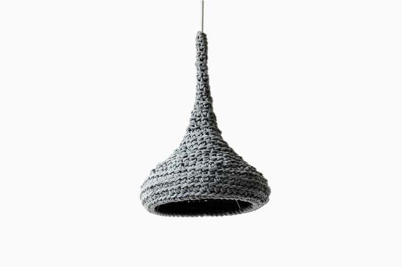 Crochet Pendant Lamp LUUNA / Modern Hanging Light / Unique Eco Lamp from Upcycled Fabric / Green Design / Recycling Art Gray image 1