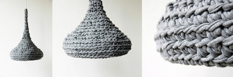 Crochet Pendant Lamp LUUNA / Modern Hanging Light / Unique Eco Lamp from Upcycled Fabric / Green Design / Recycling Art Gray image 2