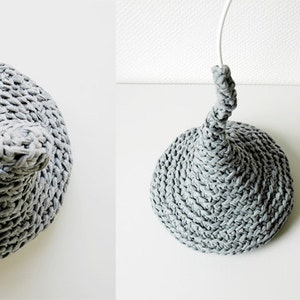 Crochet Pendant Lamp LUUNA / Modern Hanging Light / Unique Eco Lamp from Upcycled Fabric / Green Design / Recycling Art Gray image 4