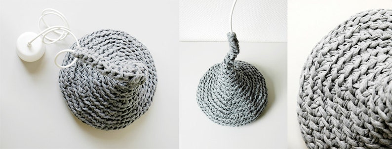 Crochet Pendant Lamp LUUNA / Modern Hanging Light / Unique Eco Lamp from Upcycled Fabric / Green Design / Recycling Art Gray image 4