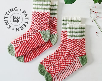 Easy Xmas Socks Knitting Pattern - JOLLY VIBES Socks - DK/light worsted/6ply sock yarn.