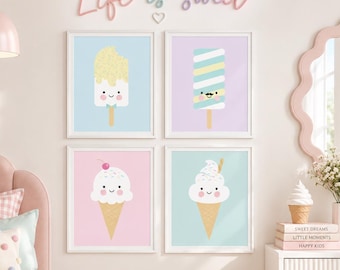IIce Cream Nursery Wall Art Set, Pastel Printable Wall Art, Cute Ice Cream Prints, Kids Room Decor, Popsicle Art, Digital Download