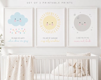 Nursery Wall Art Set, Neutral Nursery Decor, Printable Wall Art, Baby Printables, Cloud Sun Moon Print, Sky Nursery Decor