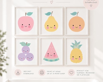 Set 6 Fruits Art Print, Baby Girl Nursery, Printable Kids Decor, Fruits Nursery, Nursery Wall Art, Playroom Wall Art