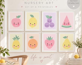 Fruit Nursery Wall Art Set of 6, Cute Fruit Art Prints, Kids Room Decor, Printable Nursery Art, Playroom Wall Art, Digital Download