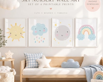 Sky Nursery Wall Art Set of 4, Cloud Sun Moon Rainbow Prints, Baby Boy Girl Room Decor, Printable Kids Wall Art